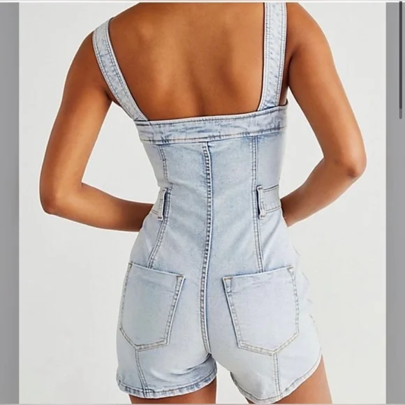 Free People CRVY Lady of the Hour Denim Fitted Romper size 35 - Picture 2 of 5